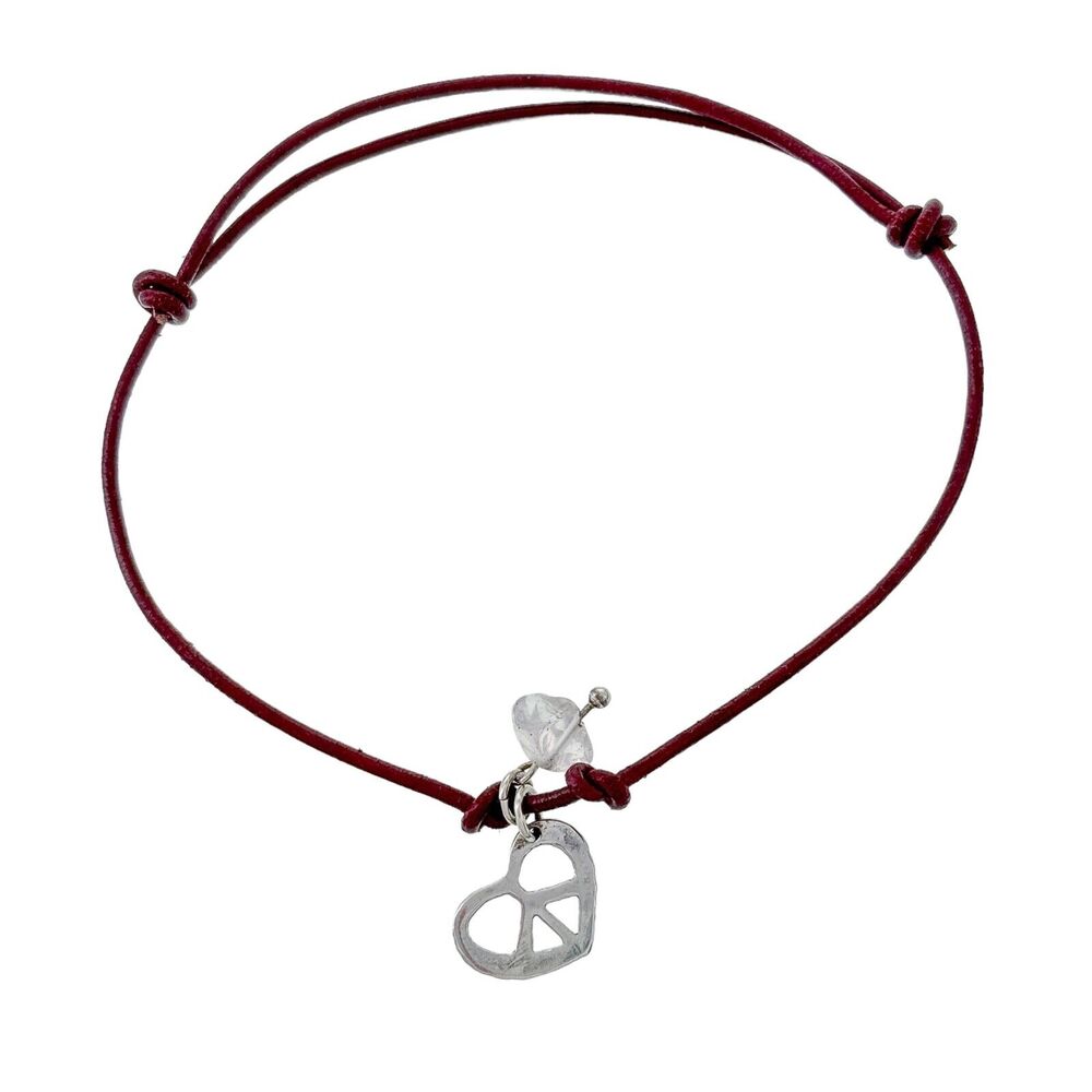 Vintage Sterling Silver 925 Peace Heart Quartz Leather Adjustable Bracelet